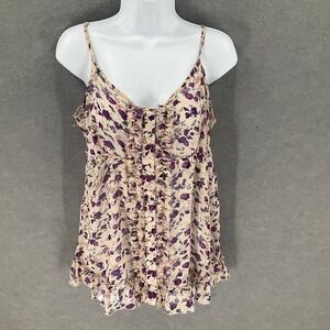 Express Purple Floral Cami Top Ruffle‎ Button Up Sz L Sleeveless Blouse Babydoll